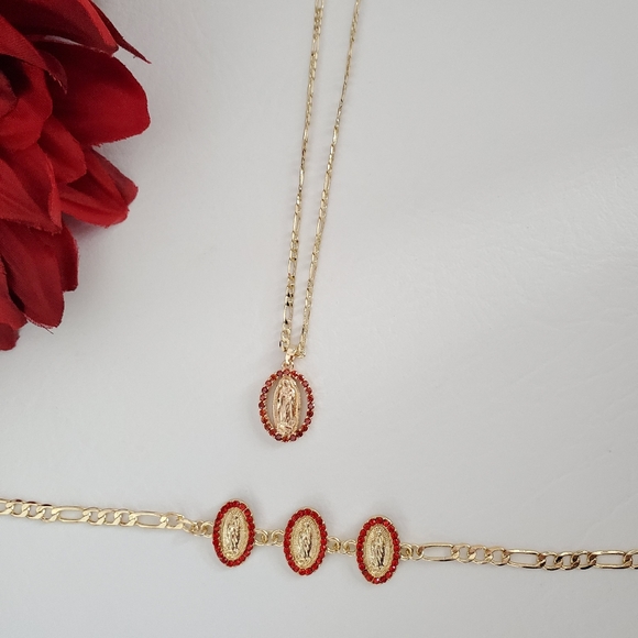 Red Crystal Lady of Guadalupe Gold Plated Necklace & Bracelet - Picture 2 of 7